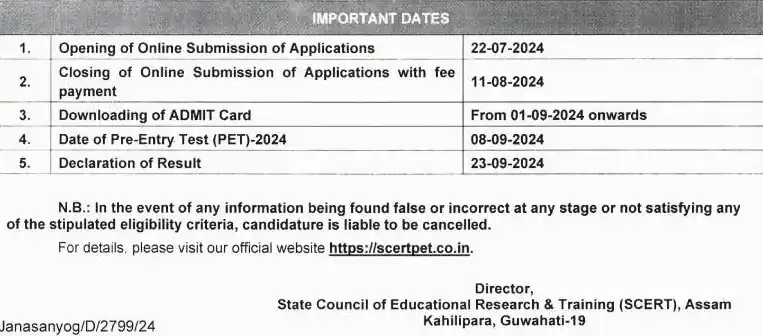 SCERT D.El.Ed Entrance Exam 2024 Official Notice